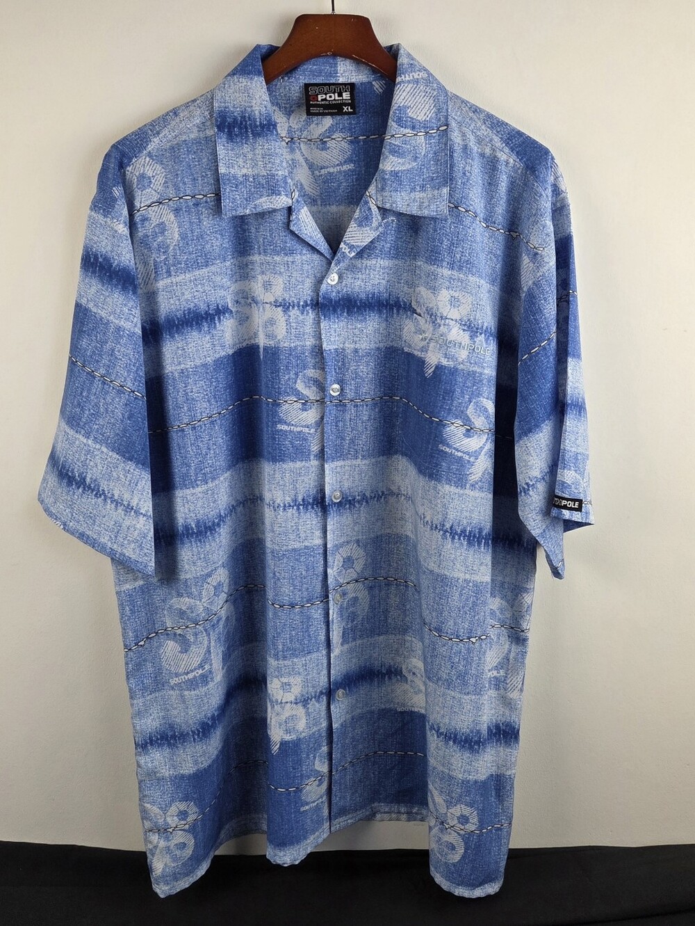 Y2k Southpole Shirt Mens XL Blue Short Sleeve Button Up All Over Graffiti Block